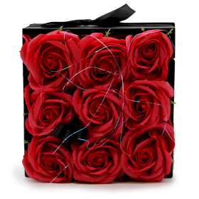 Seifenblumen-Geschenk-Blumenstrauß - 9 Rote Rosen - Quadrat