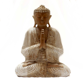 Handgeschnitzte Buddha-Statue – 30 cm, Willkommen – weiß getüncht – beschädigt