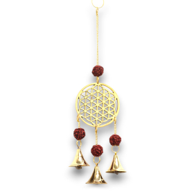 4x Indisches Windspiel - Blume des Lebens aus Messing mit Rudraksha-Perlen – 3 Glöckchen – 6 x 27 cm