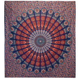 Doppelte Tagesdecke+Wandbehang- Pfauen-Mandala - Blau