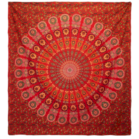 Doppelte Tagesdecke+Wandbehang - Pfauen-Mandala - Rot