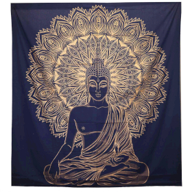 Doppelte Tagesdecke+Wandbehang - Buddha - Blaues Gold