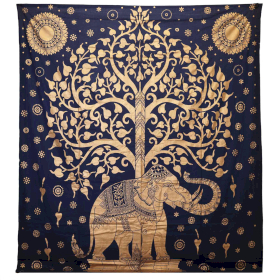 Doppelte Tagesdecke+Wandbehang - Elefant & Baum - Blau Gold